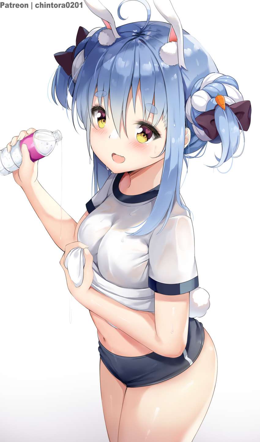 1girl, animal_ears, blue_hair, bottle, bunny_tail, buruma, chintora0201, commentary