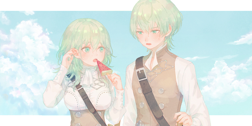 1boy, 1girl, blue_sky, byleth_(fire_emblem), byleth_eisner_(female), byleth_eisner_(male), clouds, eotyq58d6do16cs
