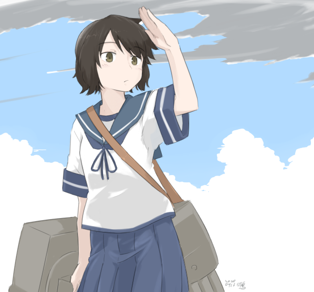 1girl, black_hair, blue_sailor_collar, blue_skirt, blue_sky, brown_eyes, clouds, cowboy_shot