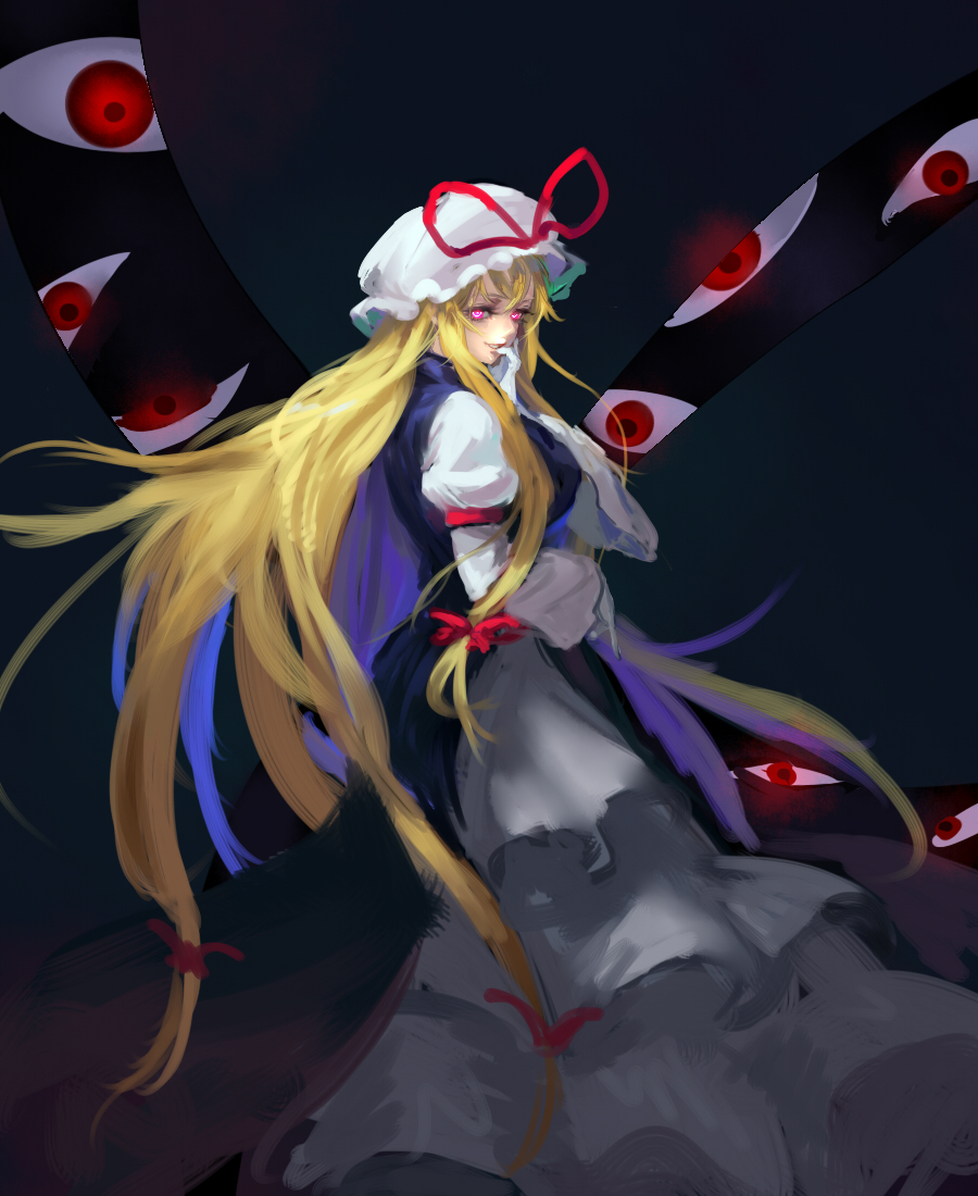 1girl, arm_garter, arm_strap, bangs, black_background, blonde_hair, bow, commentary_request