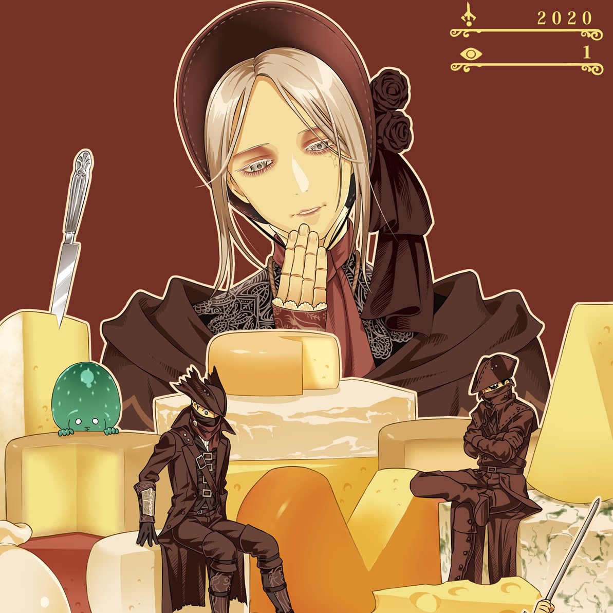 arizuka_(catacombe), bloodborne, butter_knife, celestial_emissary, cheese, coat, crack, doll