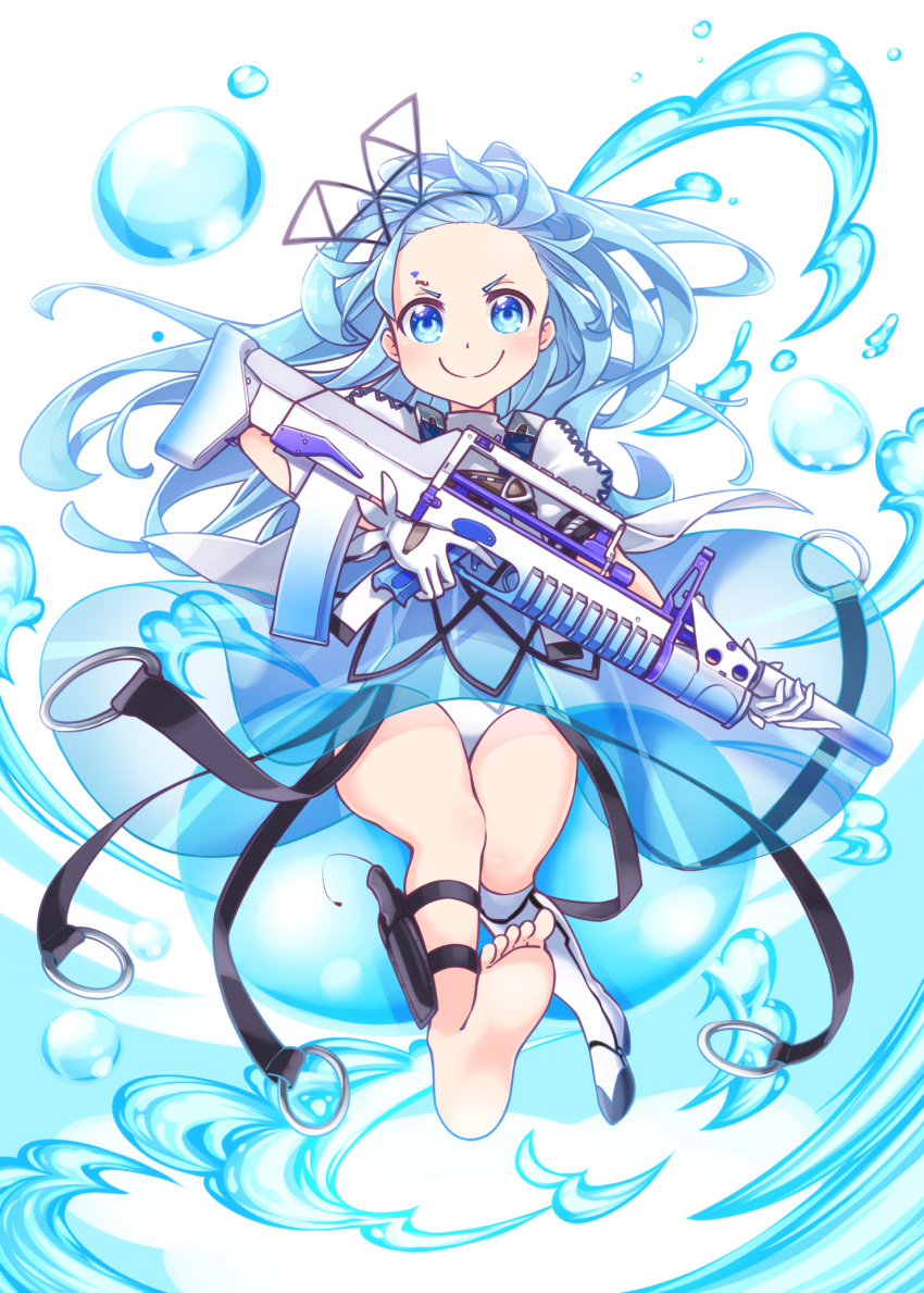 >:), 1girl, ads_(girls_frontline), ads_assault_rifle, assault_rifle, barefoot, blue_dress, blue_eyes