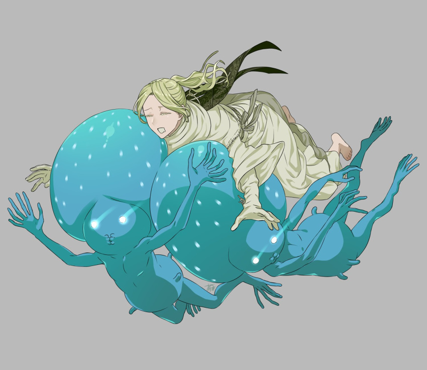 arizuka_(catacombe), barefoot, blonde_hair, bloodborne, celestial_emissary, closed_eyes, dress, drooling