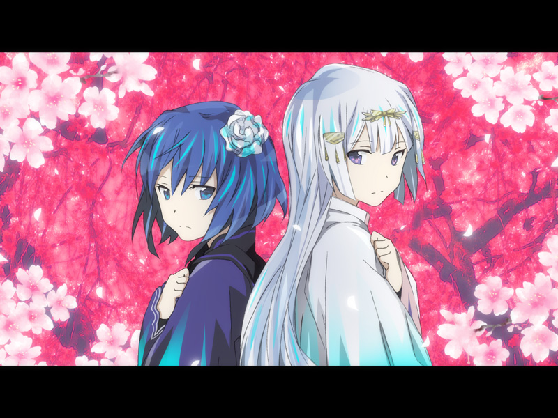 2girls, back-to-back, blue_eyes, blue_hair, cherry_blossoms, day, flower, frown