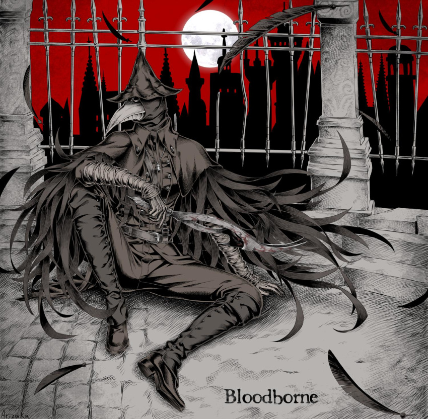 1girl, arizuka_(catacombe), bandages, belt, blade_of_mercy, bloodborne, boots, cloak