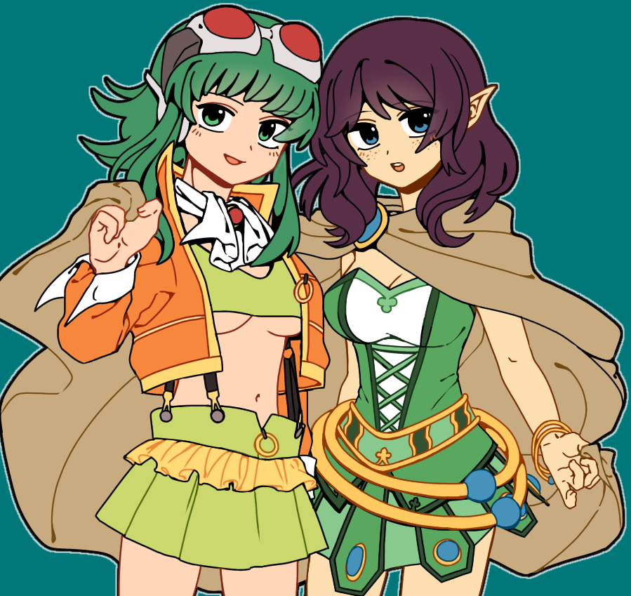 1ktrz1eee, 2girls, avanna, belt, blue_eyes, bracelet, breasts, brooch
