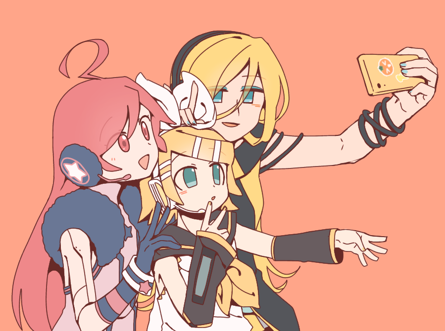 1ktrz1eee, 3girls, ahoge, android, aqua_eyes, aqua_nails, arm_warmers, bangs, black_collar, black_shirt, black_sleeves, blonde_hair, blue_gloves, bow, bracelet, collar, gloves, hair_bow, hair_ornament, hairclip, hand_on_another's_head, headphones, holding, holding_phone, index_finger_raised, jewelry, kagamine_rin, lily_(vocaloid), long_hair, multiple_girls, orange_background, phone, red_eyes, redhead, sailor_collar, self_shot, sf-a2_miki, shirt, star_(symbol), star_print, sticker, swept_bangs, upper_body, vocaloid, white_bow, white_shirt
