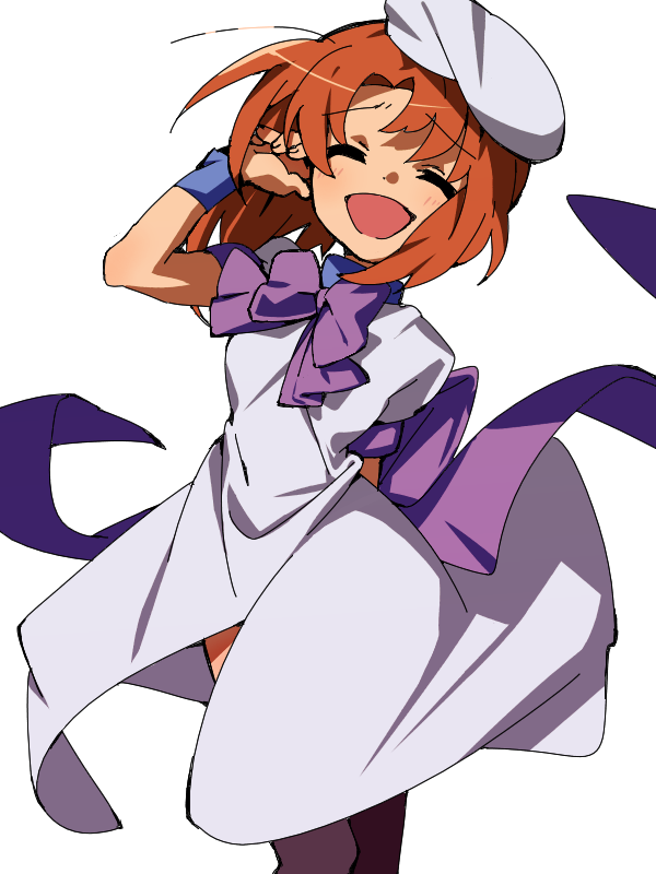 1girl, beret, bow, bowtie, closed_eyes, cowboy_shot, dress, hand_in_hair