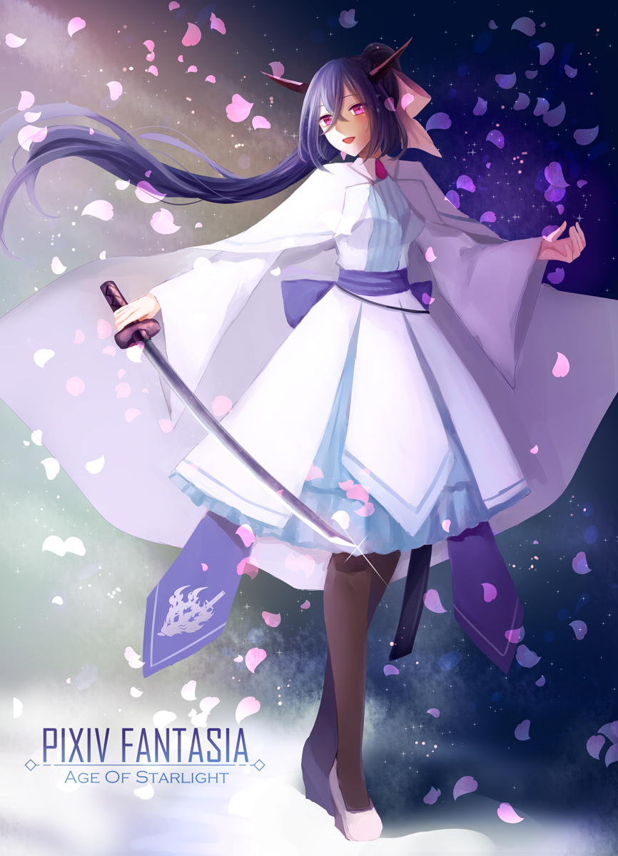 1girl, :d, bow, brown_legwear, cape, copyright_name, full_body, glint, hair_between_eyes, hair_bow, highres, holding, holding_sword, holding_weapon, horns, katana, long_hair, open_mouth, petals, pink_bow, pink_eyes, pixiv_fantasia, pixiv_fantasia_age_of_starlight, ponytail, sae_(091688), shinano_(pixiv_fantasia_age_of_starlight), smile, solo, standing, sword, very_long_hair, weapon, white_cape, wide_sleeves