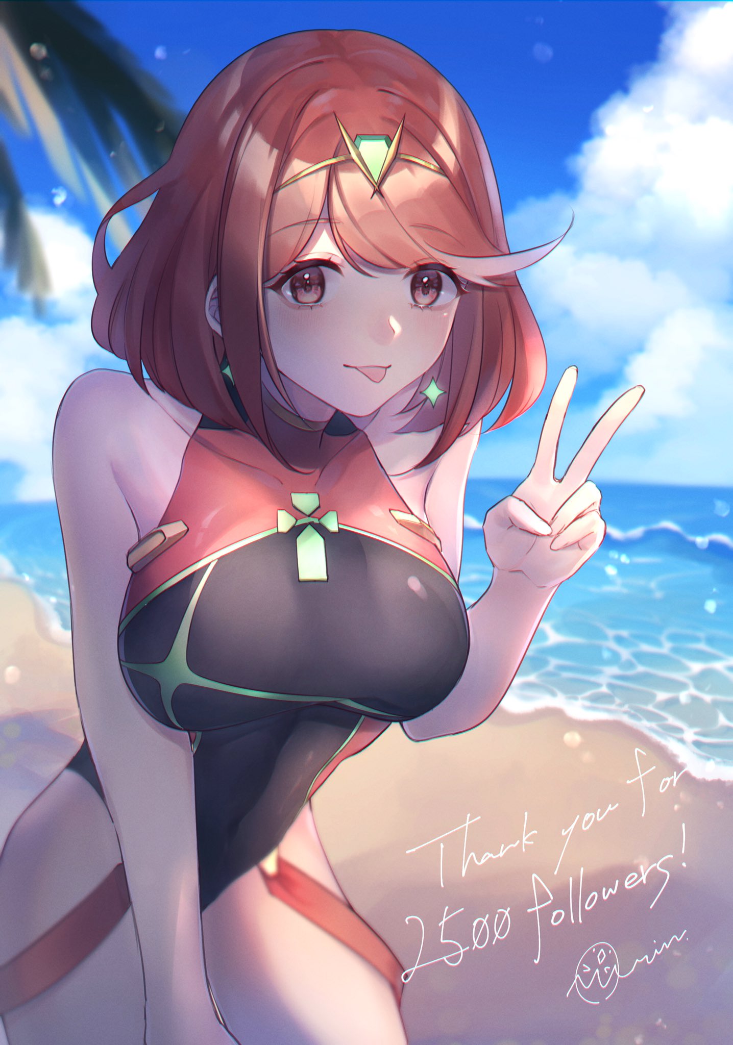 1girl, bangs, bare_arms, bare_shoulders, beach, black_swimsuit, breasts, chest_jewel