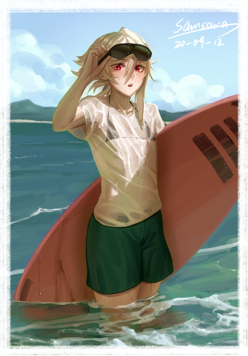 1boy, arm_up, asymmetrical_hair, bikini, bikini_under_clothes, blonde_hair, blue_sky, blush