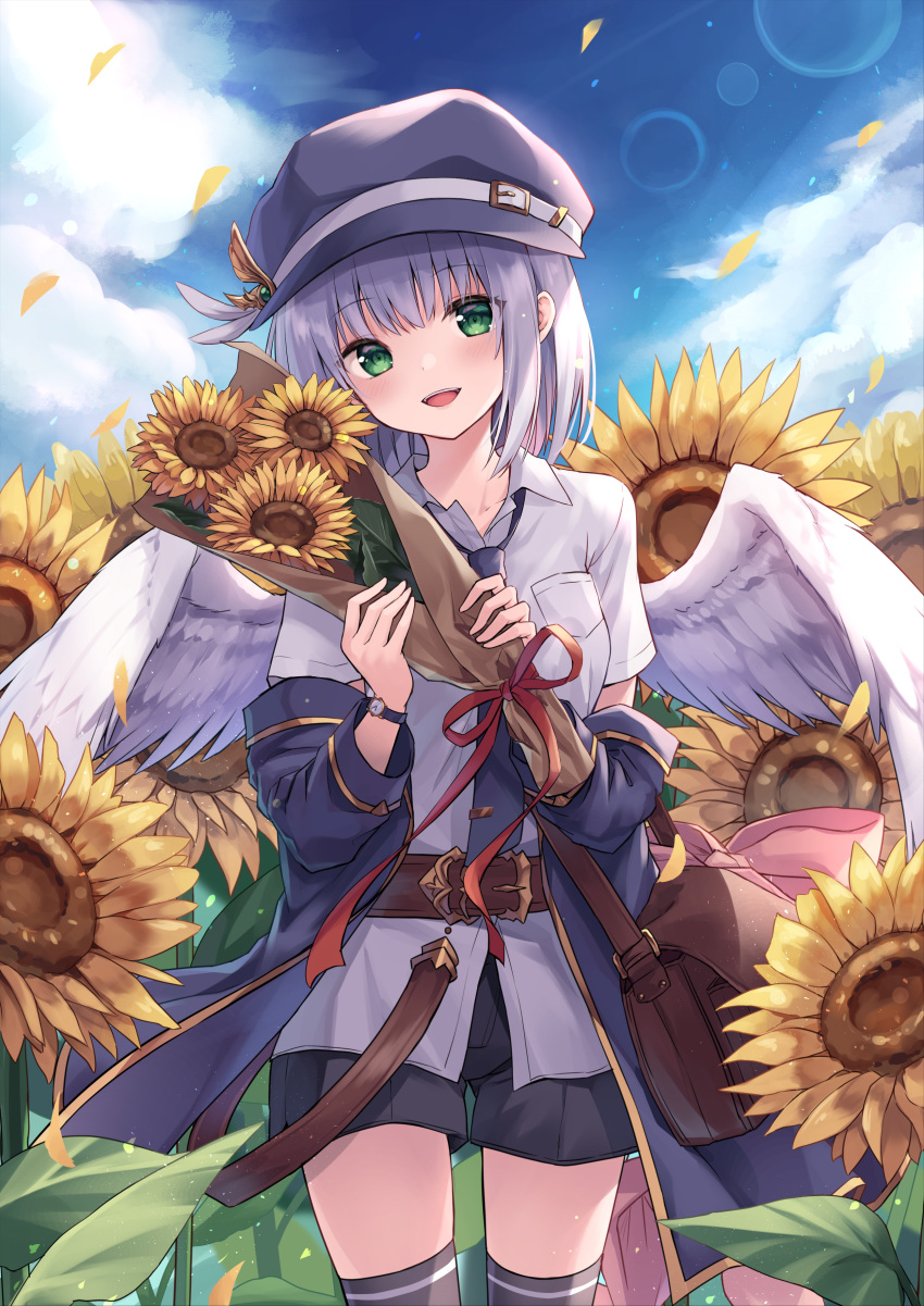 1girl, :d, absurdres, angel_wings, bag, bangs, belt, belt_buckle
