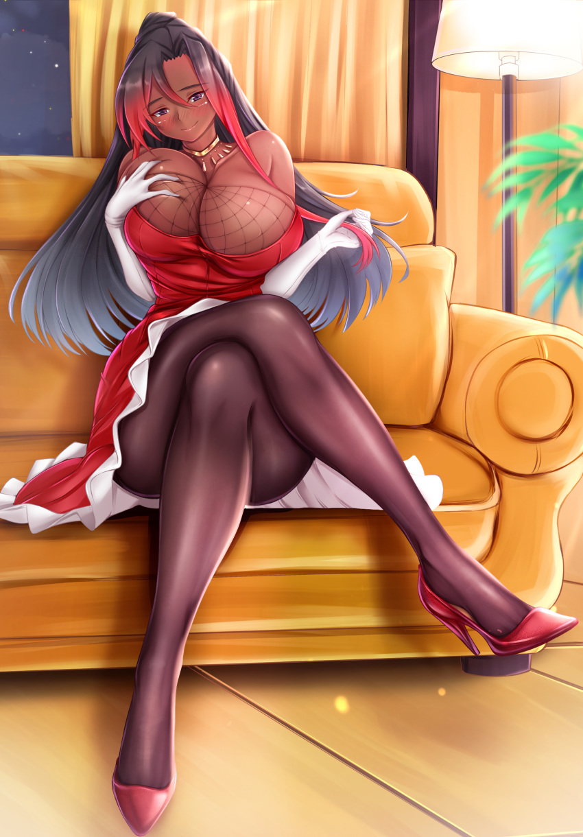 1girl, absurdres, black_hair, blush, breasts, choker, closed_mouth, commentary_request, couch, crossed_legs, curtains, dark_skin, dress, elbow_gloves, gloves, gold, gradient_hair, high_heels, highres, indoors, kono_subarashii_sekai_ni_shukufuku_wo!, kono_subarashii_sekai_ni_shukufuku_wo!:_kurenai_densetsu, lamp, large_breasts, legs, long_hair, looking_at_viewer, multicolored_hair, night, nose_blush, pantyhose, plant, red_dress, red_footwear, redhead, siki2046, sitting, sky, smile, solo, streaked_hair, sylvia_(konosuba), white_gloves