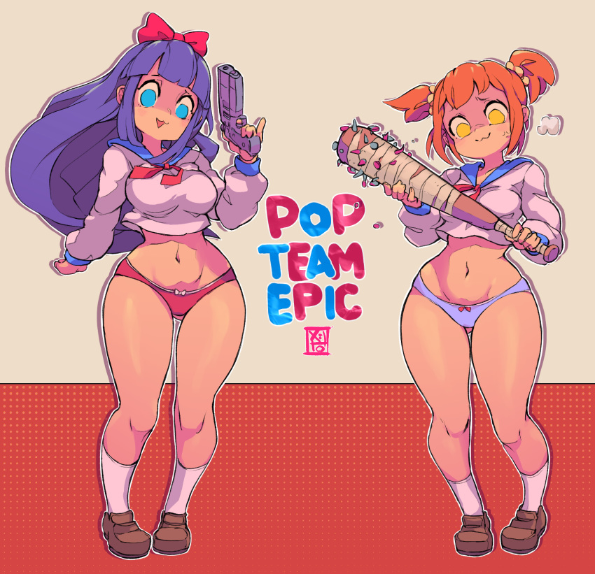 2girls, :3, anger_vein, angry, artist_name, ass_visible_through_thighs, bangs, baseball_bat