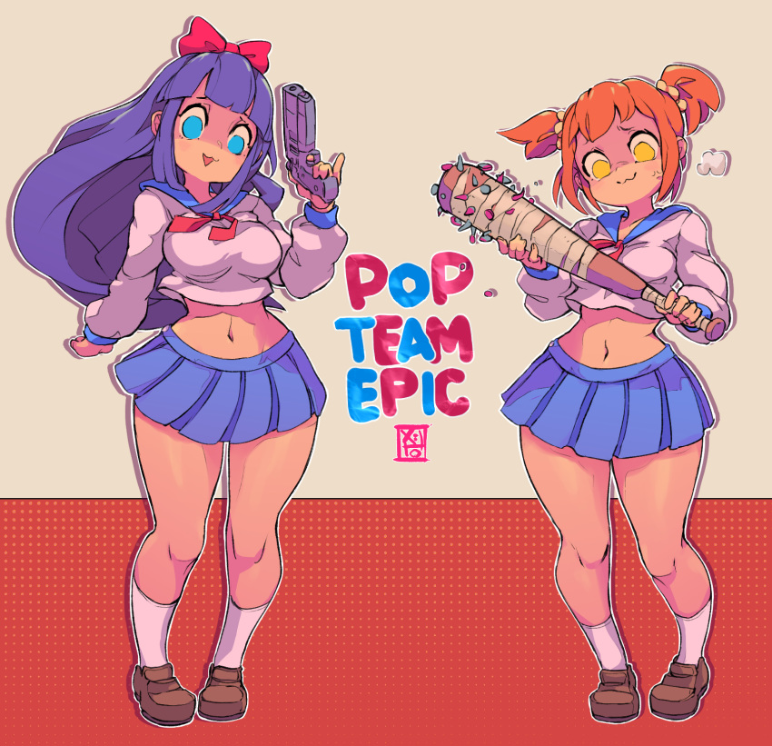 2girls, :3, anger_vein, angry, artist_name, bangs, baseball_bat, black_eyes