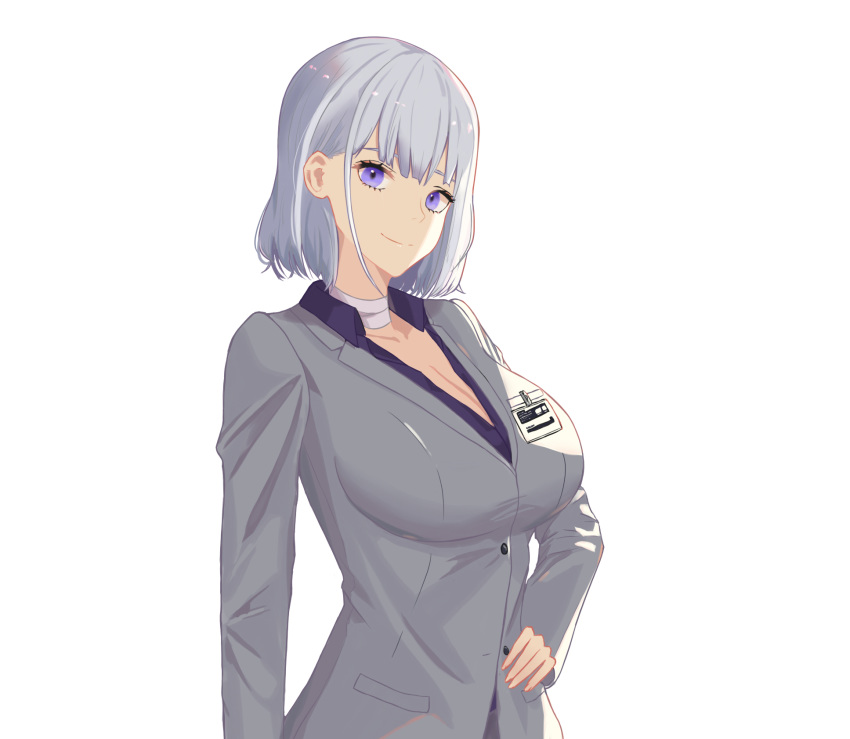 1girl, badge, blazer, breasts, business_suit, choker, closed_mouth, eyebrows_visible_through_hair
