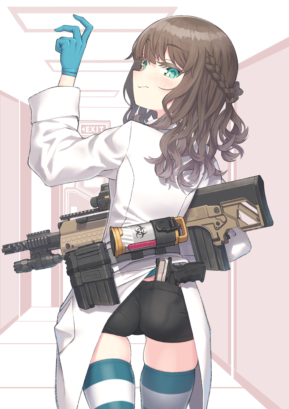 1girl, annoyed, aqua_eyes, ass, assault_rifle, bangs, biohazard_symbol, black_shorts