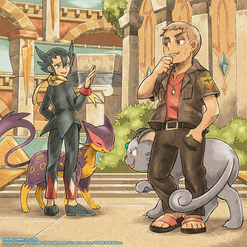 2boys, alolan_form, alolan_persian, artist_request, bangs, belt, black_belt, black_footwear