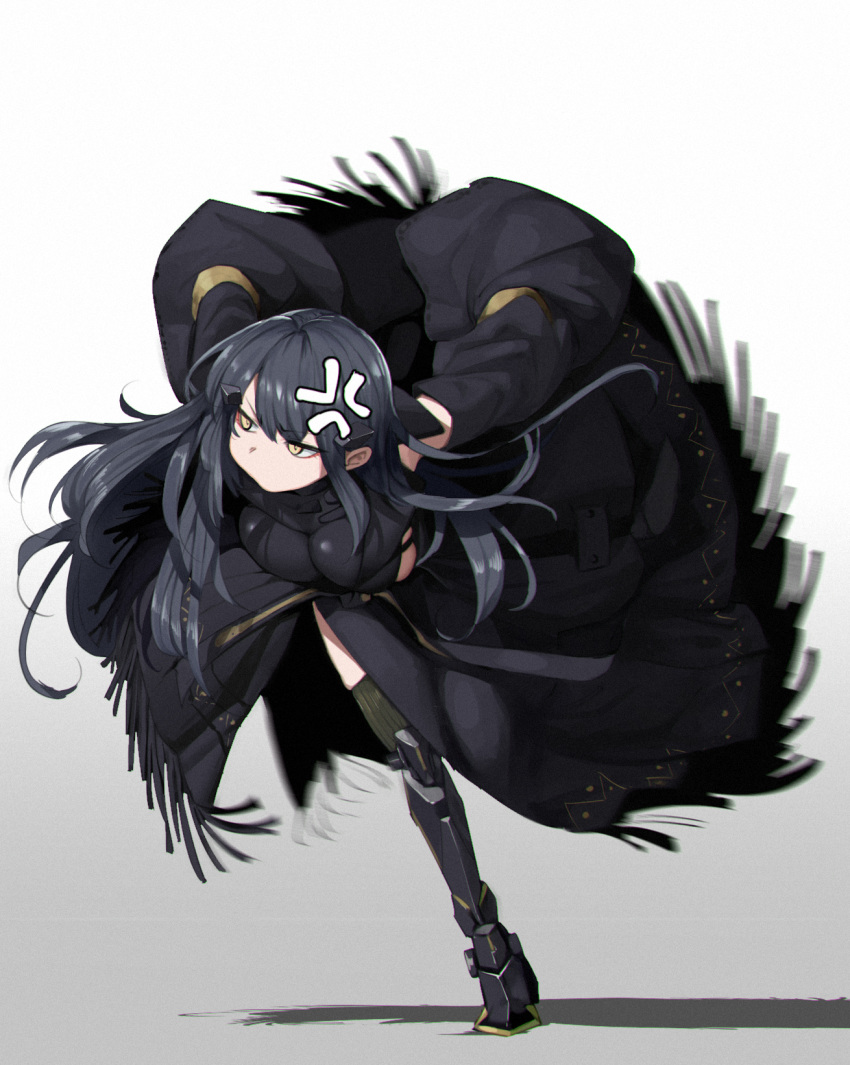 1girl, anger_vein, bangs, black_hair, breasts, detached_sleeves, dress, eyeliner