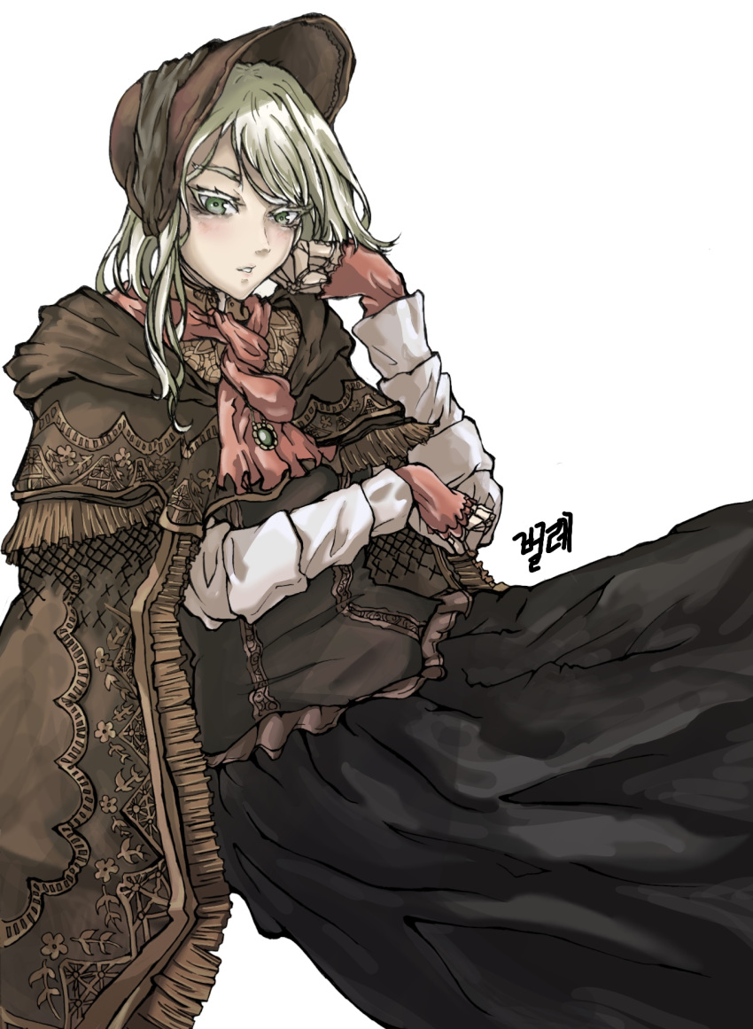 1girl, bloodborne, doll, doll_joints, gem, gothic, green_eyes, hand_on_own_cheek