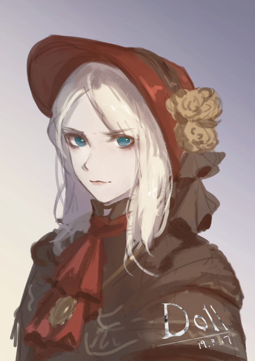 1girl, absurdres, bloodborne, blue_eyes, doll, flower, headdress, highres