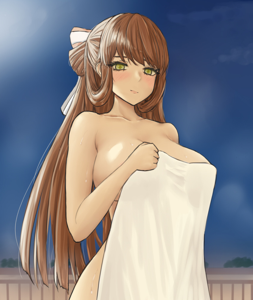 1girl, blue_sky, blush, breasts, closed_mouth, collarbone, covering, covering_breasts