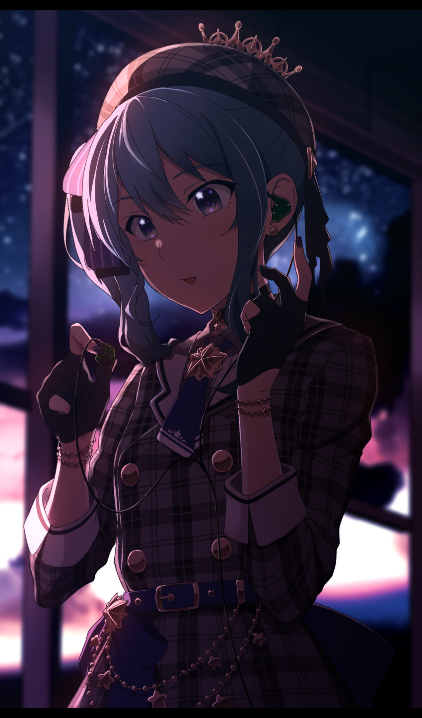 1girl, absurdres, bangs, belt, black_gloves, blue_belt, blue_eyes, blue_hair, blue_neckwear, bracelet, dress, earphones, gloves, grey_dress, grey_headwear, hair_between_eyes, hat, highres, hololive, hoshimachi_suisei, jewelry, long_hair, long_sleeves, mawaru33, night, parted_lips, partly_fingerless_gloves, plaid, plaid_dress, side_ponytail, sky, solo, star_(sky), star_(symbol), star_in_eye, starry_sky, symbol_in_eye, virtual_youtuber, window
