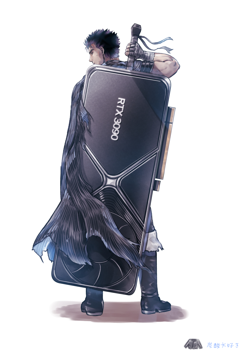 1boy, berserk, black_hair, cape, from_behind, full_body, geforce_rtx_3090, guts