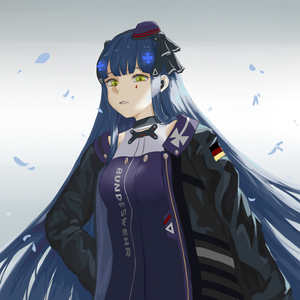 1girl, bangs, black_jacket, black_ribbon, blue_hair, breasts, eyebrows_visible_through_hair, from_below
