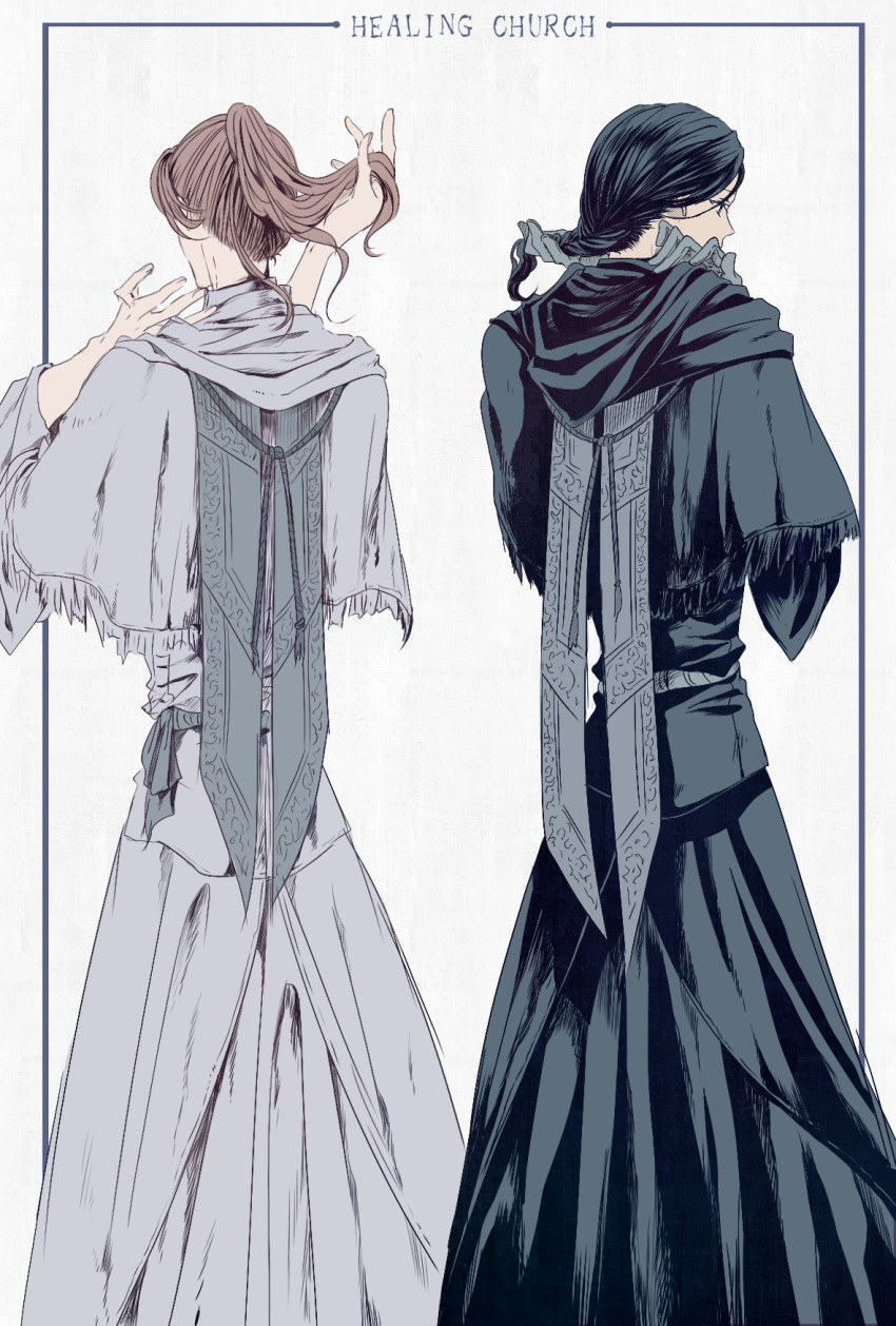 2girls, adella_the_nun, back_turned, black_dress, black_eyes, black_hair, bloodborne, brown_hair, dress, gloves, highres, iosefka, itsuki_(itsukiovo), multiple_girls, ponytail, rope, scarf, tying_hair, white_background, white_dress