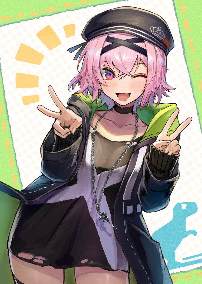1girl, blush, choker, collarbone, commentary_request, cowboy_shot, earrings, eyebrows_visible_through_hair, fang, hair_between_eyes, hat, highres, jacket, jewelry, kuroi_susumu, long_sleeves, looking_at_viewer, misogi_sosogi, necklace, one_eye_closed, open_mouth, pink_hair, short_hair, solo, sosogi_wa_kaeritai, thigh-highs, tongue, v