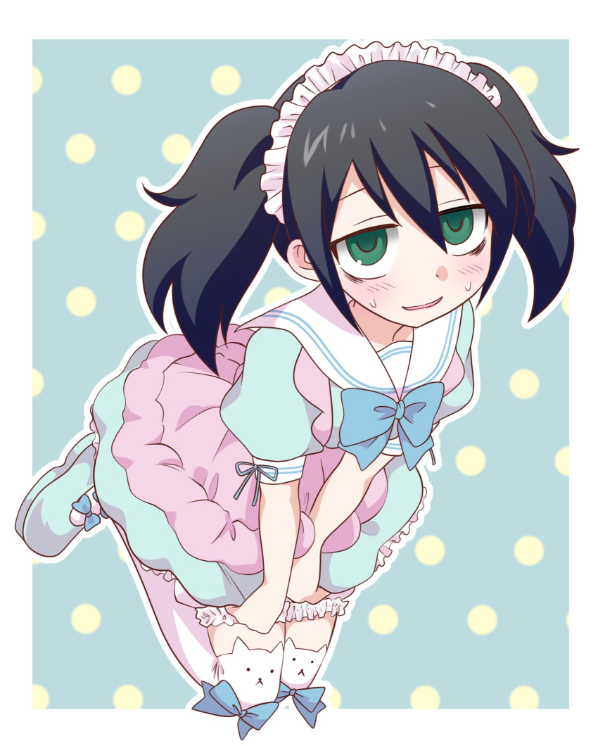 1girl, alternate_costume, alternate_hairstyle, animal_band_legwear, apron, bags_under_eyes, black_hair, blue_background