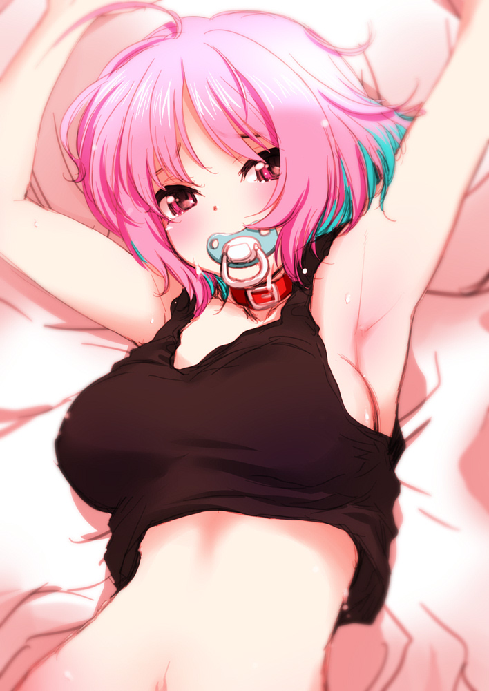 1girl, ahoge, aqua_hair, armpits, breasts, collar, colored_inner_hair, commentary