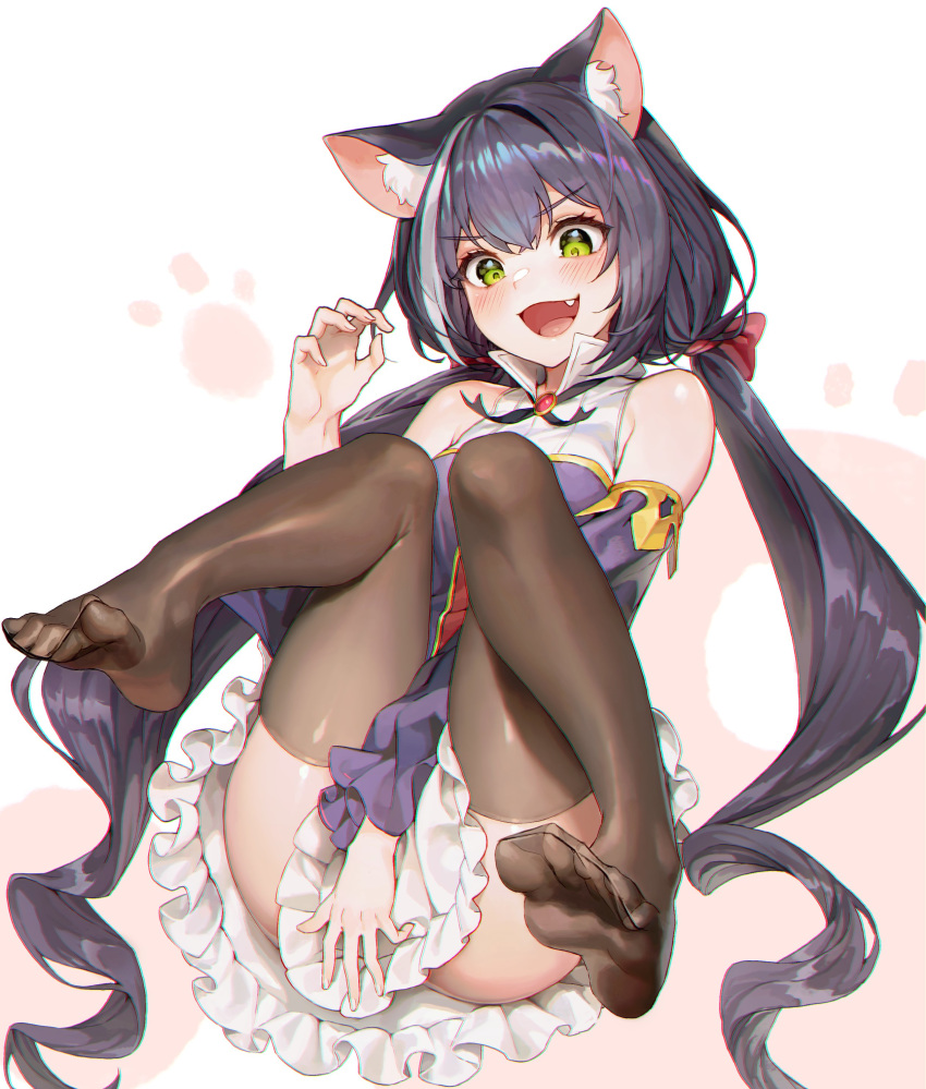 1girl, absurdres, animal_ear_fluff, animal_ears, black_hair, black_kimono, black_legwear, cat_ears, cat_tail, detached_sleeves, dress, feet, green_eyes, highres, innertube_with_ears, jacket, japanese_clothes, karyl_(princess_connect!), kimono, long_hair, low_twintails, multicolored_hair, open_clothes, open_mouth, open_shorts, pepperdevil, princess_connect!, princess_connect!_re:dive, purple_jacket, shorts, sleeveless, sleeveless_dress, tail, thigh-highs, twintails