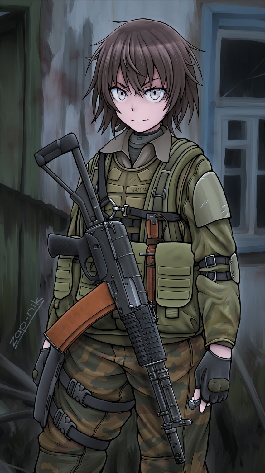 1girl, absurdres, aek-971, armor, bolt, brown_hair, camouflage, dagger