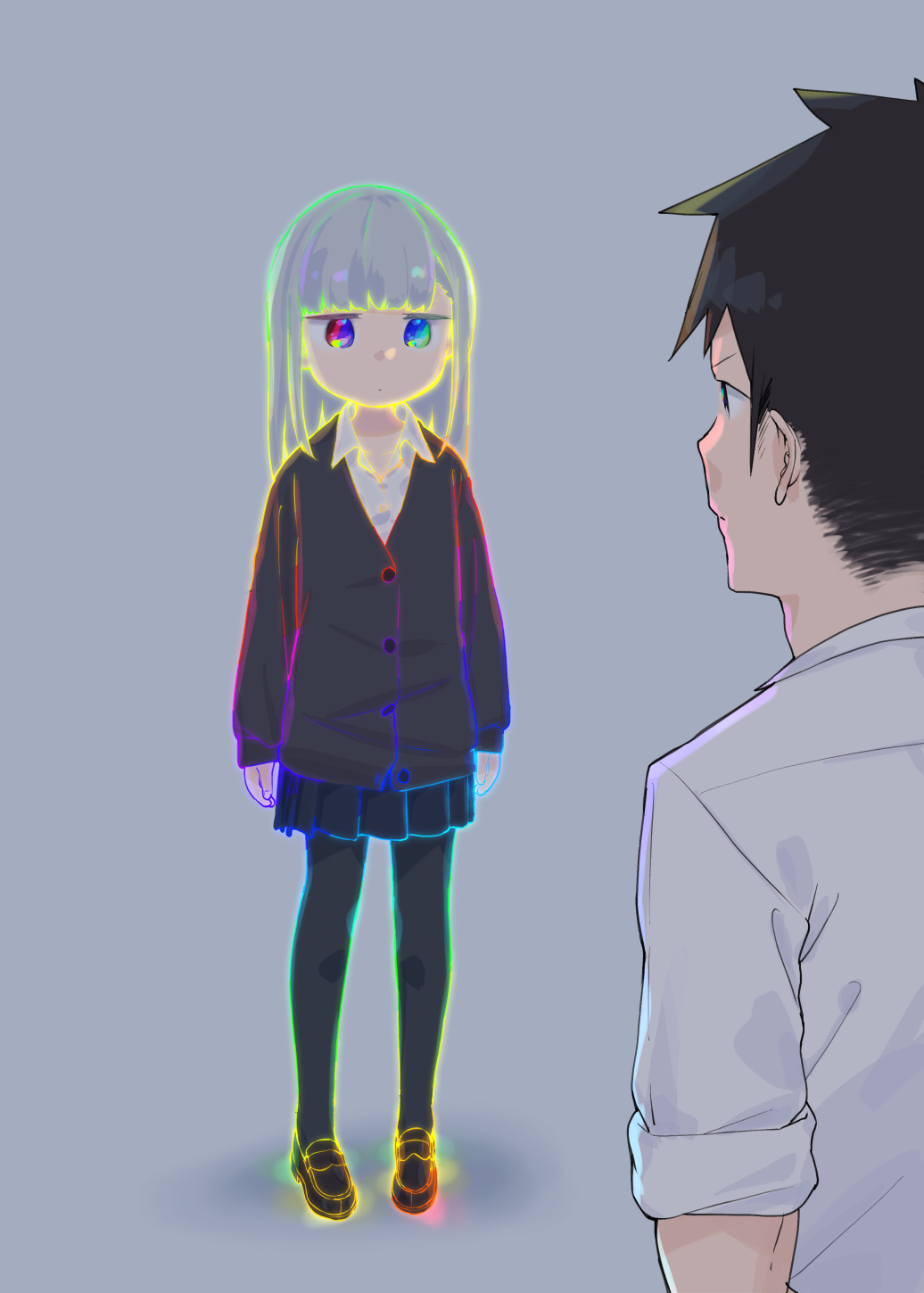 1boy, 1girl, aharen-san_wa_hakarenai, aharen_reina, black_hair, black_legwear, commentary, expressionless