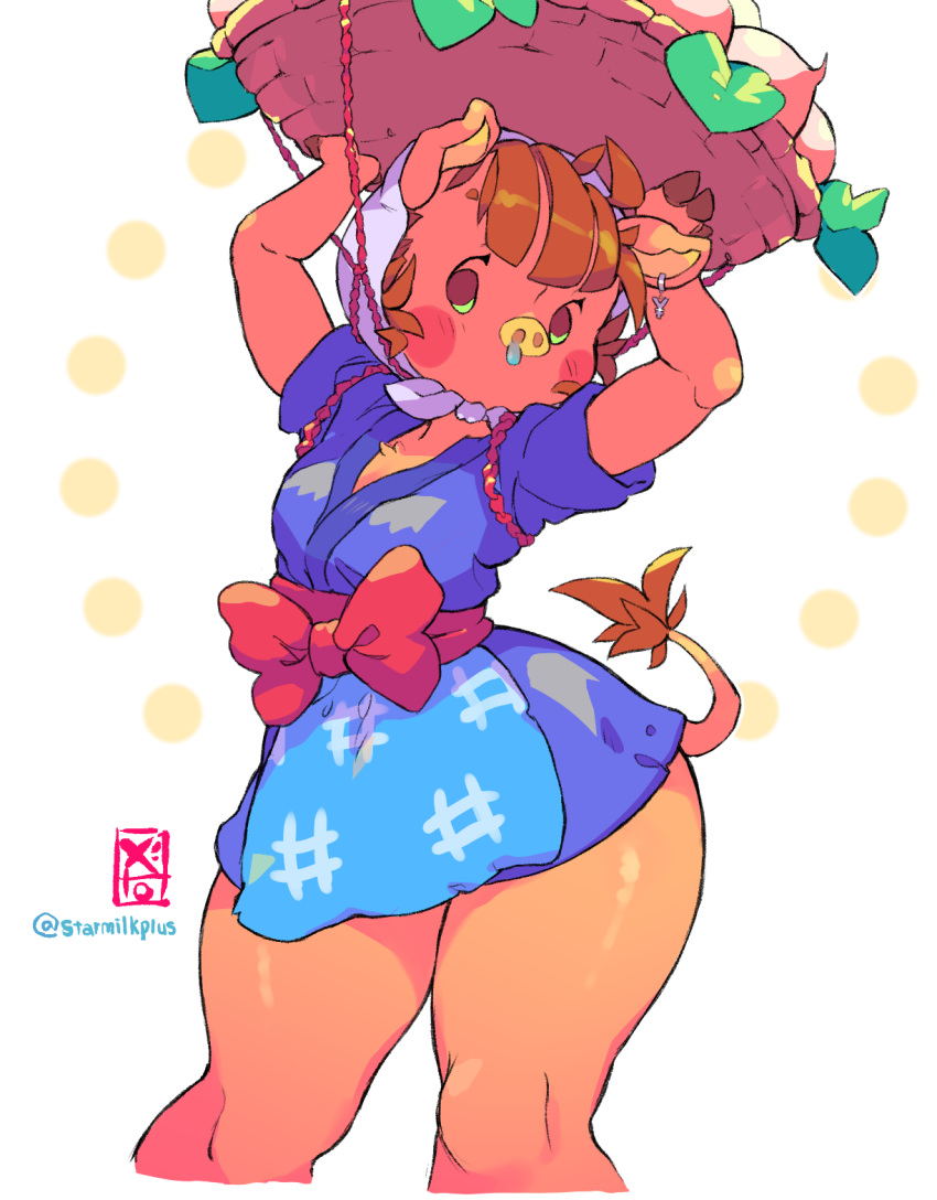 1girl, animal_ears, apron, arms_up, artist_name, bangs, basket, blue_kimono