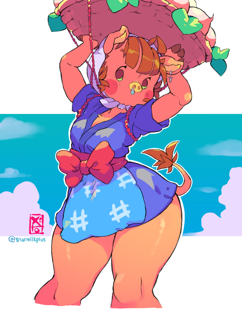 1girl, animal_ears, apron, arms_up, artist_name, bangs, basket, blue_kimono