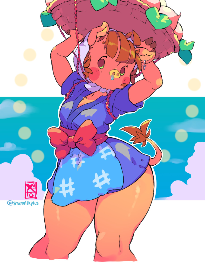 1girl, animal_ears, apron, arms_up, artist_name, bangs, basket, blue_kimono