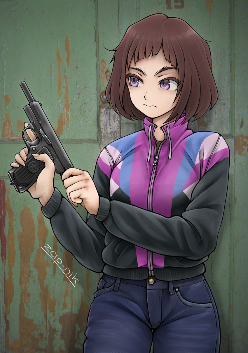 1girl, absurdres, brown_hair, commentary, denim, english_commentary, gun, handgun