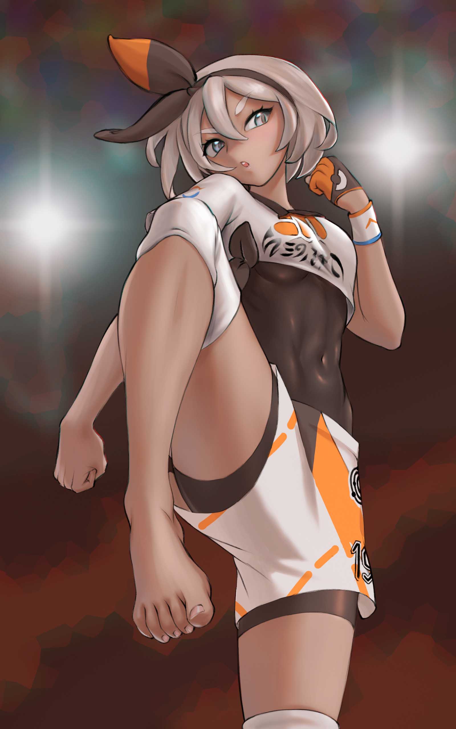 1girl, absurdres, bangs, barefoot, bea_(pokemon), black_bodysuit, black_hairband, bodysuit, bodysuit_under_clothes, bow_hairband, breasts, collared_shirt, commentary, covered_navel, dynamax_band, gloves, grey_eyes, grey_hair, gym_leader, hair_between_eyes, hairband, highres, kappa-ron, knee_pads, number, partly_fingerless_gloves, pokemon, pokemon_(game), pokemon_swsh, print_shirt, print_shorts, shirt, short_hair, short_sleeves, shorts, single_glove, solo, tied_shirt