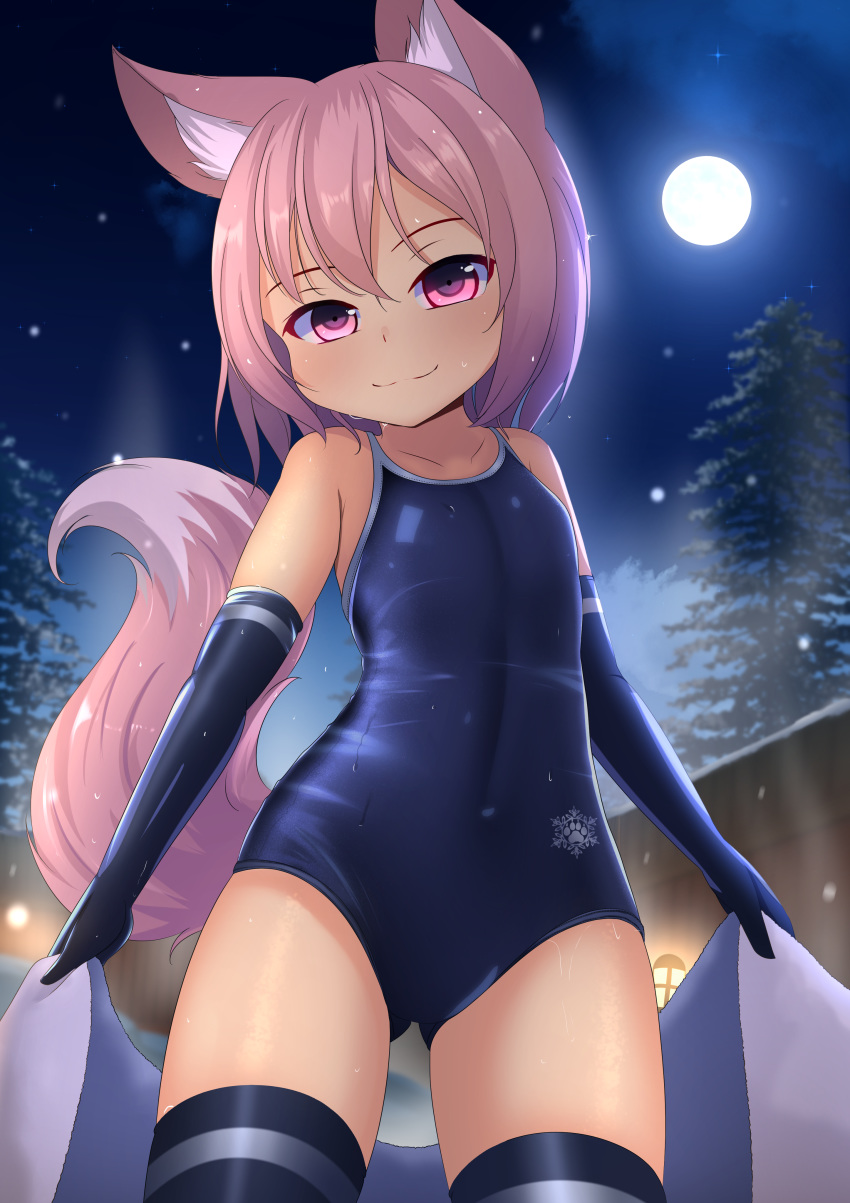 1girl, absurdres, animal_ear_fluff, animal_ears, black_gloves, black_legwear, blue_swimsuit, blurry