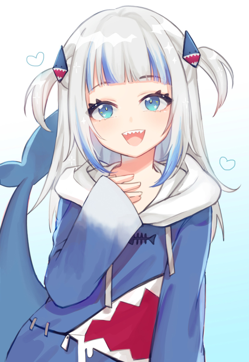 1girl, blue_eyes, english_commentary, gawr_gura, hair_ornament, heart, highres, hololive