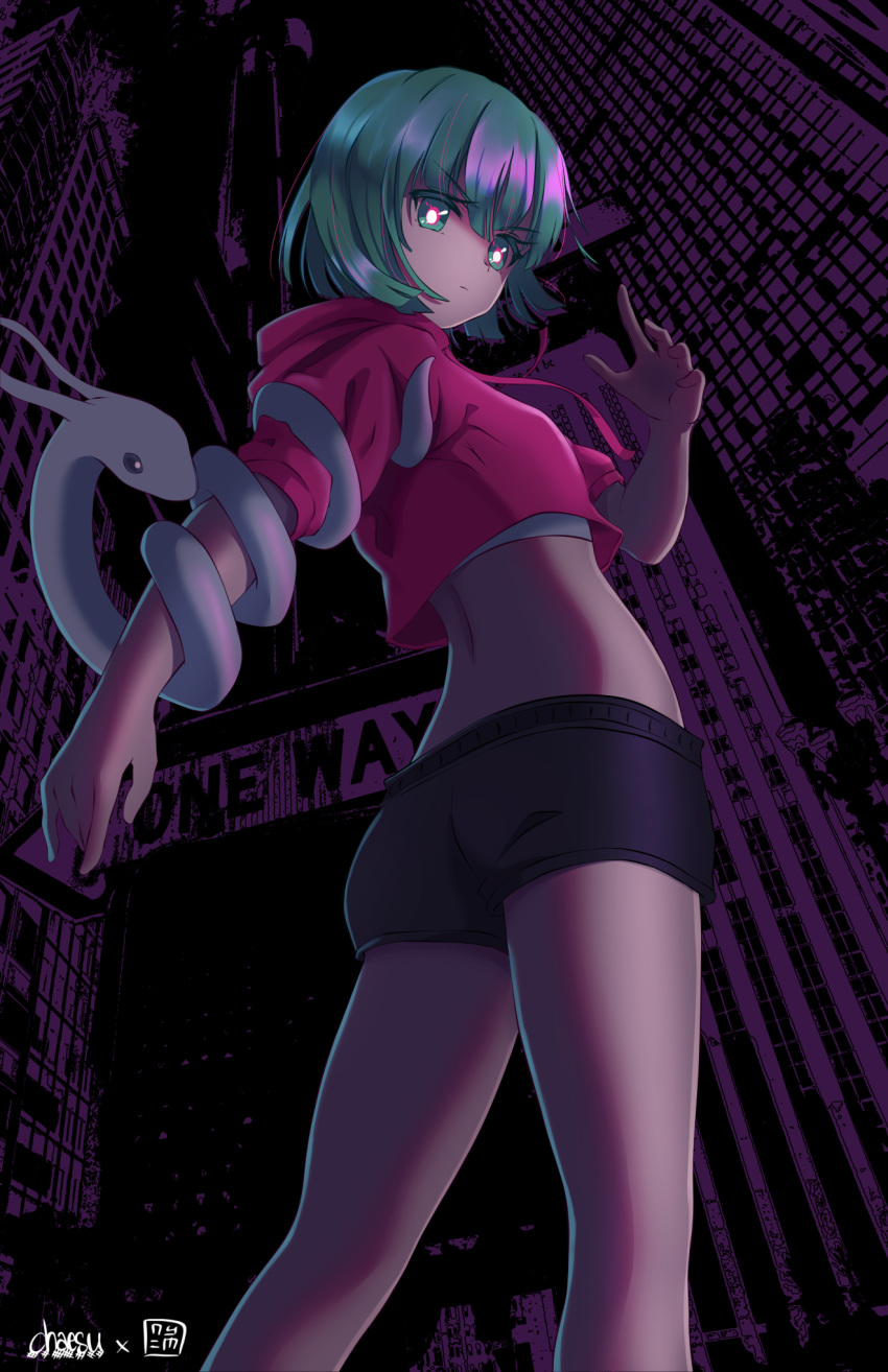 1girl, chaesu, crop_top, green_eyes, green_hair, highres, legs, looking_at_viewer