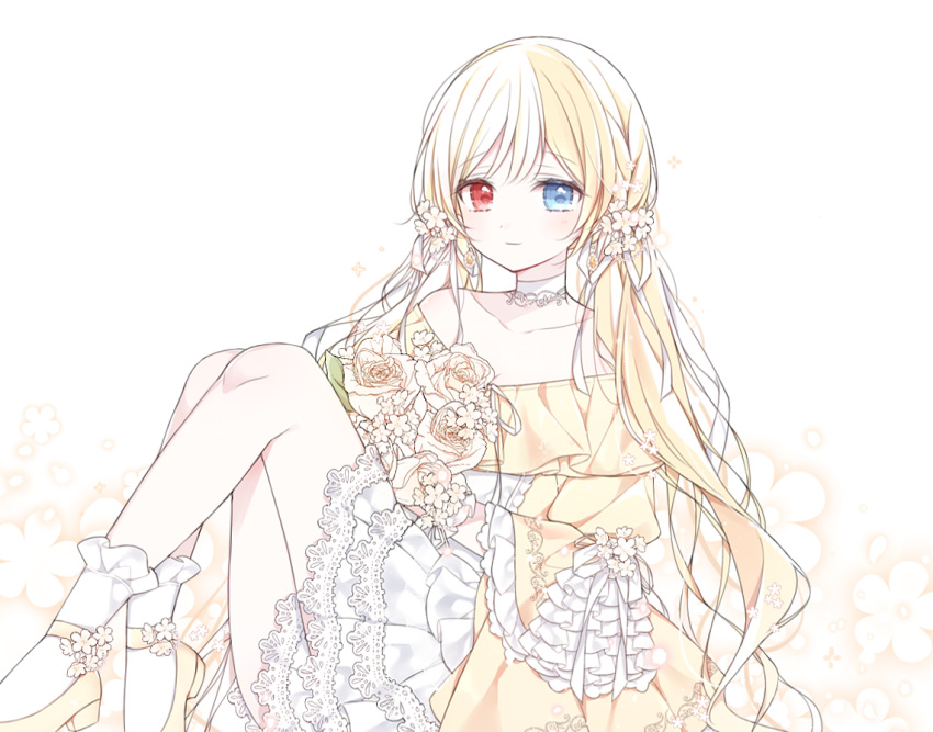 1girl, blonde_hair, blue_eyes, blush, bobby_socks, bouquet, braid, brown_flower