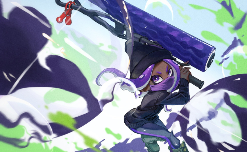1girl, action, beanie, black_headwear, black_legwear, black_sweater, blurry, boots