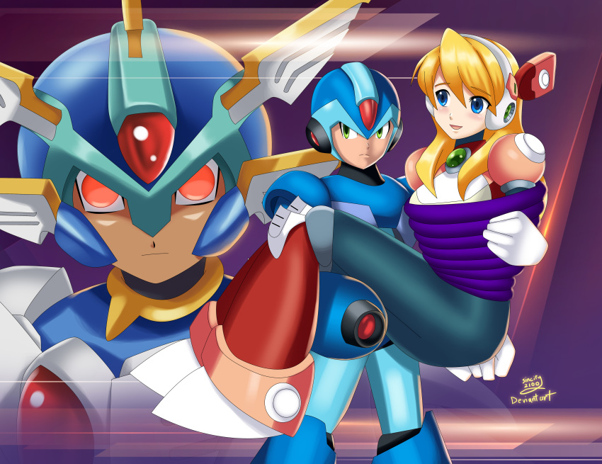alia_(rockman), armor, arms_behind_back, blonde_hair, blue_armor, blue_eyes, blush, bound, bound_wrists, buster, carrying, copy_x, couple, deviantart, green_eyes, happy, helmet, mega_man_(series), mega_man_x_(series), mega_man_x_dive, mega_man_zero_(series), pink_armor, red_eyes, rescue, restrained, robot, rockman, rockman_x, rockman_x_dive, rockman_zero, sincity2100, tied_up, x_(mega_man), x_(rockman), x_buster