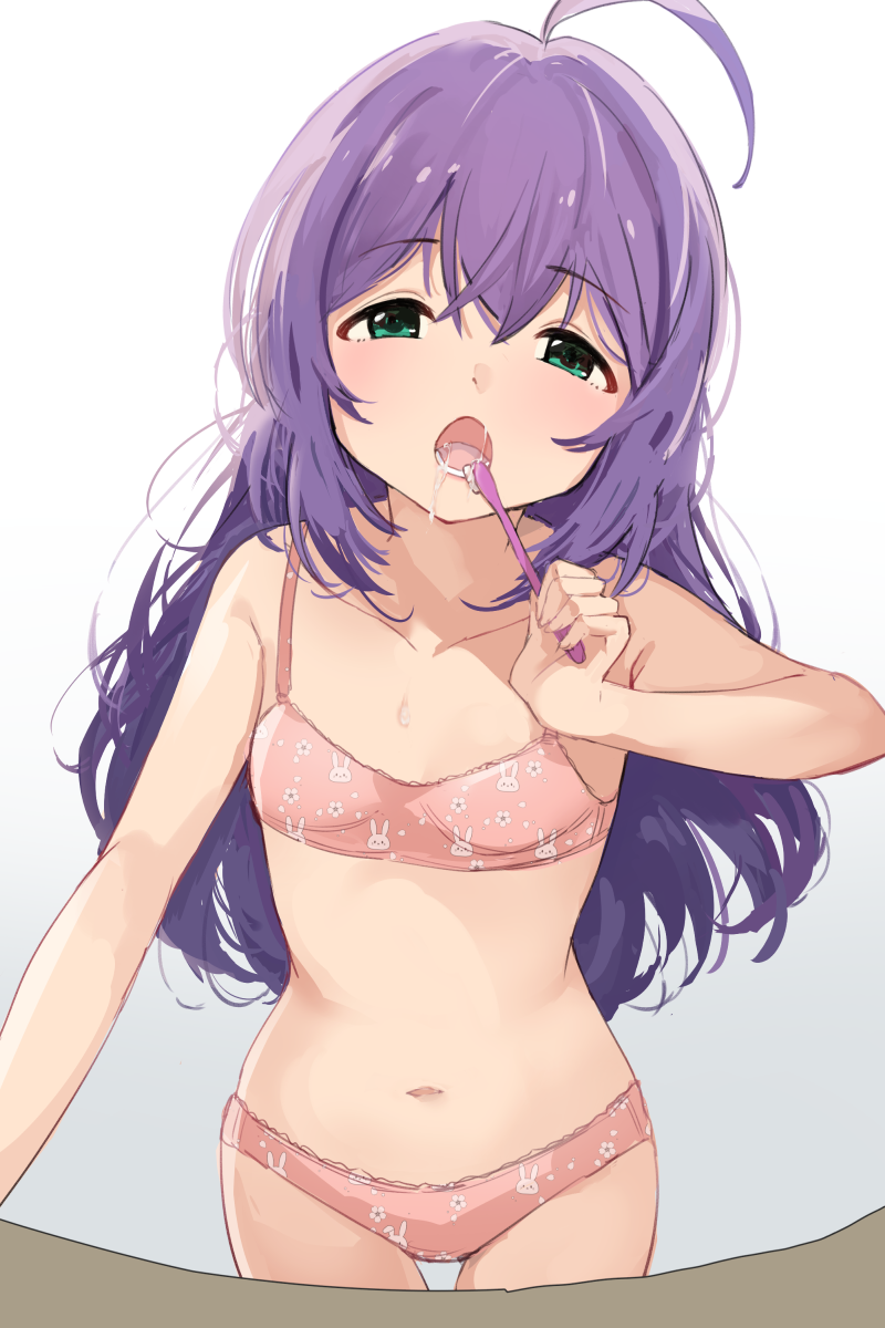 1girl, ahoge, animal_print, bangs, bare_arms, bare_shoulders, bra, breasts