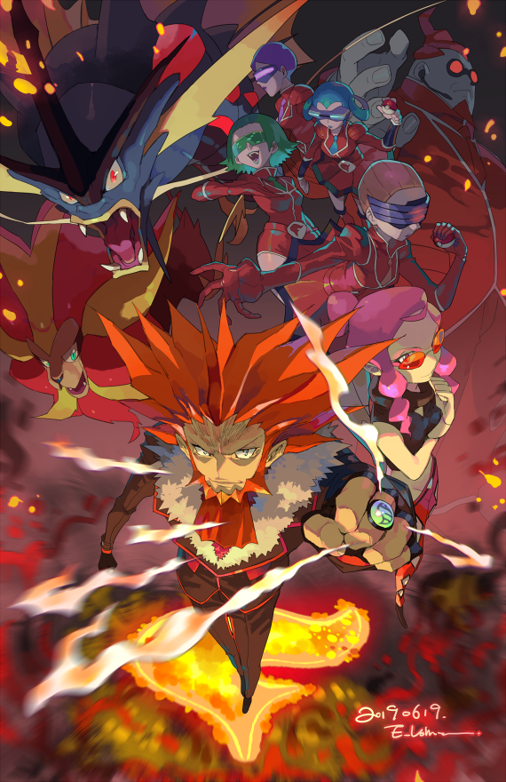 2boys, 5girls, aliana_(pokemon), beard, big_hair, blue_hair, bryony_(pokemon), celosia_(pokemon)