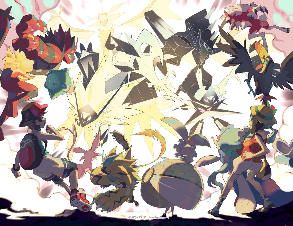 1boy, 1girl, backpack, bag, bare_arms, black_legwear, bracelet, brown_hair, commentary, ege_(597100016), elio_(pokemon), espeon, gen_2_pokemon, gen_7_pokemon, hand_up, hat, holding, holding_poke_ball, incineroar, jewelry, legendary_pokemon, lycanroc, lycanroc_(midnight), magearna, minior, mythical_pokemon, necrozma, necrozma_(dawn), necrozma_(dusk), necrozma_(ultra), poke_ball, poke_ball_(basic), pokemon, pokemon_(creature), pokemon_(game), pokemon_usum, primarina, red_headwear, selene_(pokemon), shoes, shorts, sneakers, socks, toucannon, white_shorts, zeraora